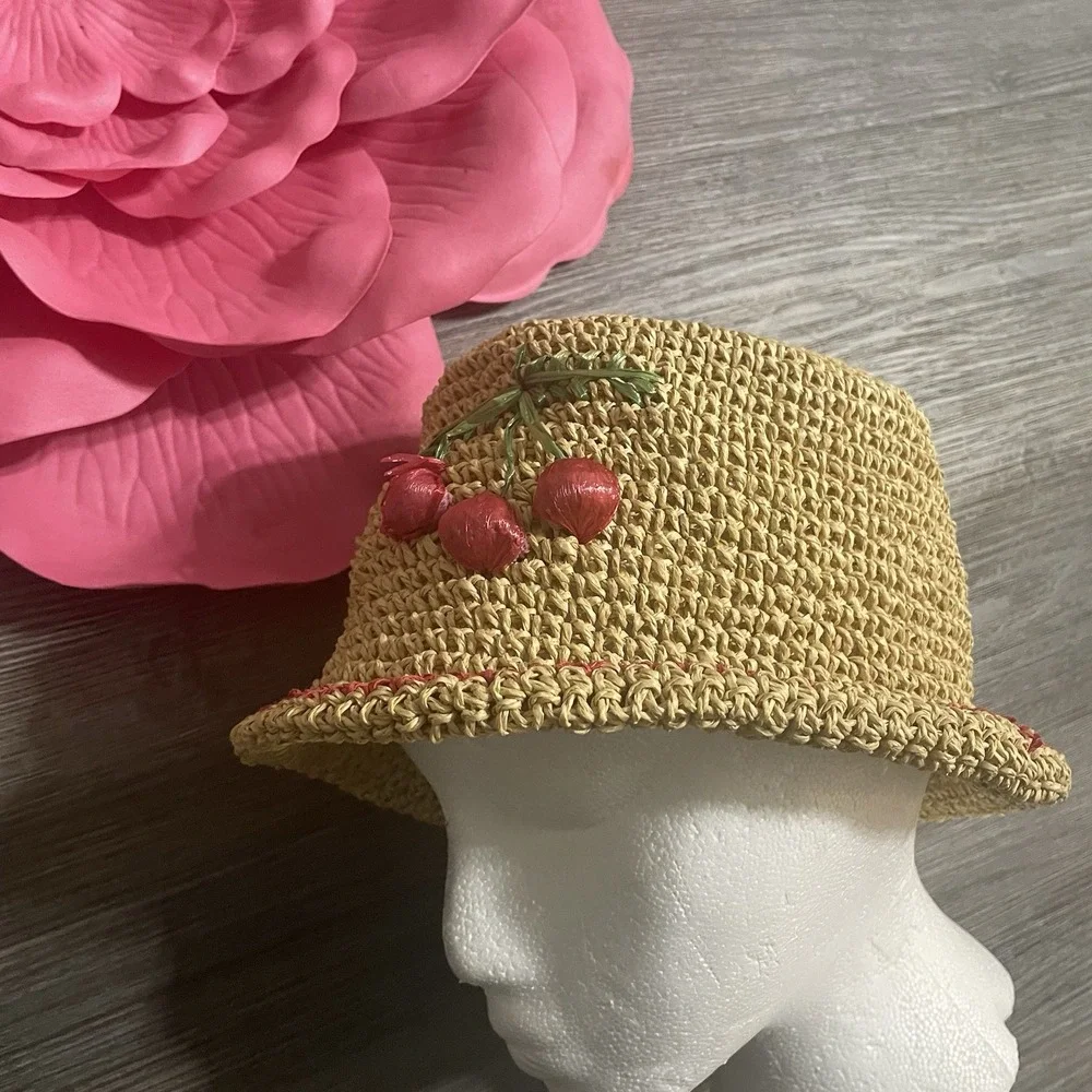 APRIL CORNELL 100% Straw Hat Stitched Cherries Collapsible Packable‎ Woven